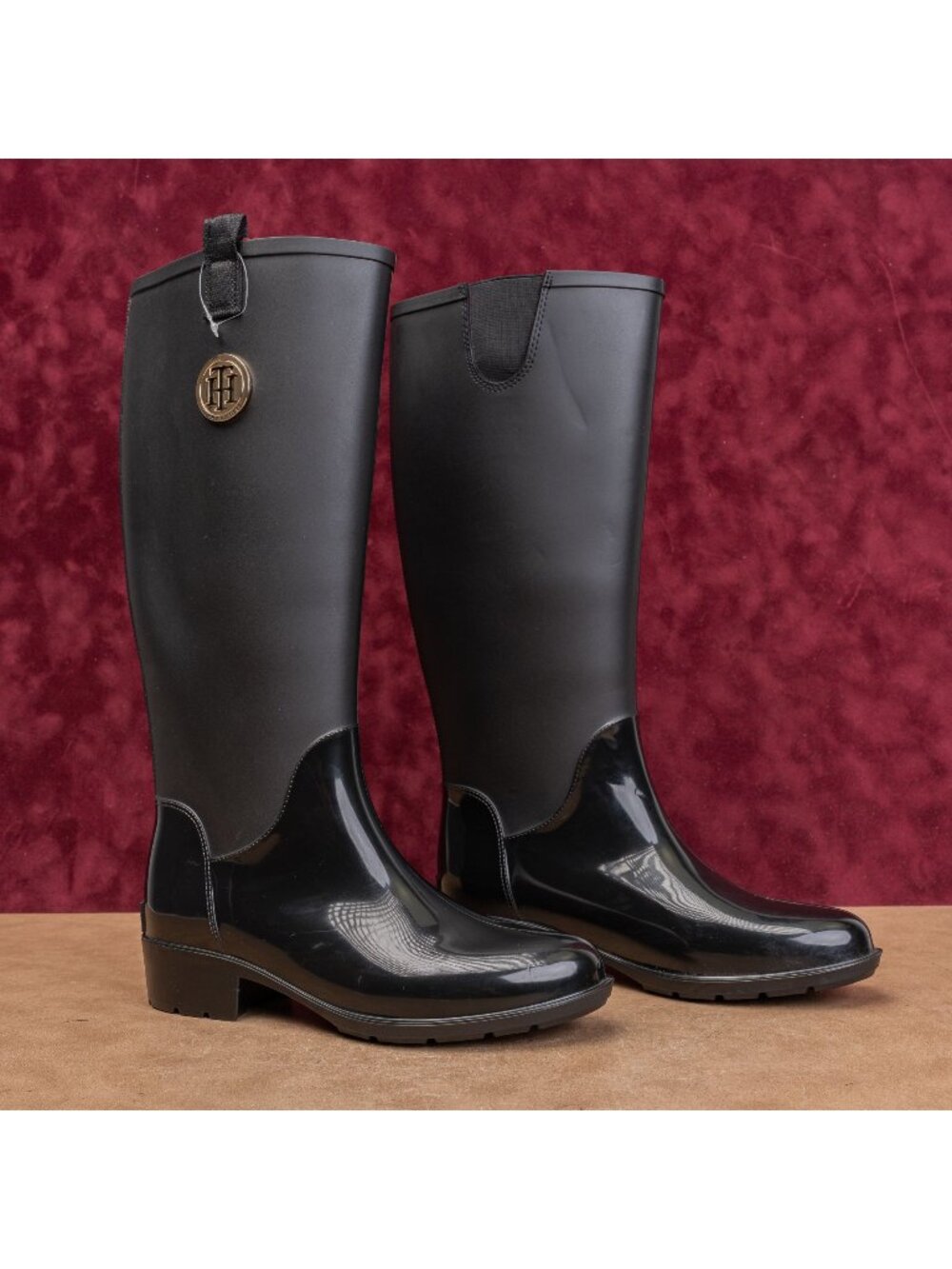 Tommy Hilfiger Wmn Black Festival Farm Riding Wellies Rubber Rain Boots sz 7